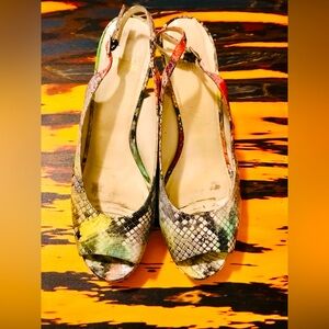 Stuart Weitzam Open Toe Colourful Snake Print Heels